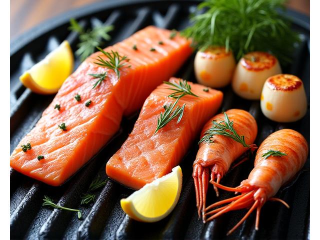 Verschiedene Meeresfrüchte und Fisch auf einem Grillrost, perfekt gegrillt